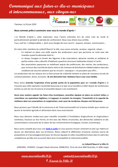 image Communiqu_aux_futurs_lus_municipaux_et_intercommunaux_Nourrir_la_Ville_31.png (0.2MB)
Lien vers: https://www.nourrirlaville31.fr/wp-content/uploads/2020/06/Communiqu%C3%A9-aux-futurs-%C3%A9lus-municipaux-et-intercommunaux_Nourrir-la-Ville-31.pdf
